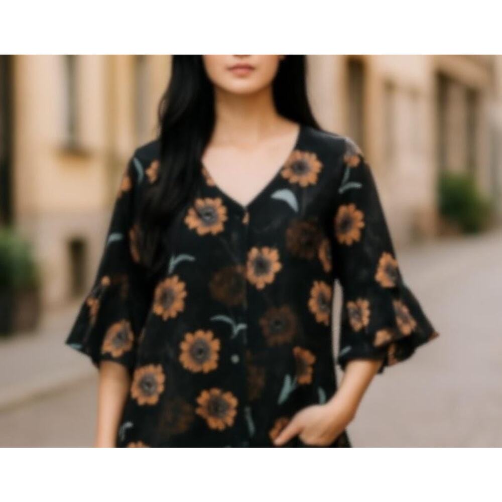 Cabi La Di Da Blouse Womens Small Black Floral Ruffle Sleeve Sheer Peasant Boho